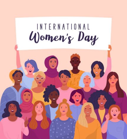 Vector illustration of diverse cartoon women standing together and holding a placard over their heads. Isolated on background.