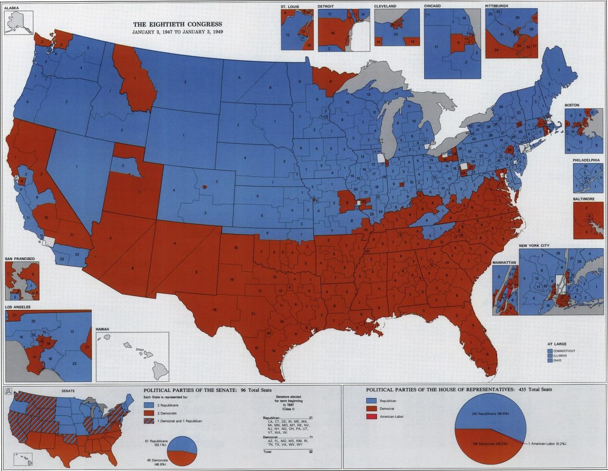 Political Parties of the Eightieth Congress (1947-1949) Kenneth C. Martis, Author The Historical Atlas of Political Parties in the United States Congress: 1789-1989, p. 201. Ruth A. Rowles, Cartographer Gyula Pauer, Production Cartographer // Used under 
Creative Commons  License SA 4.0